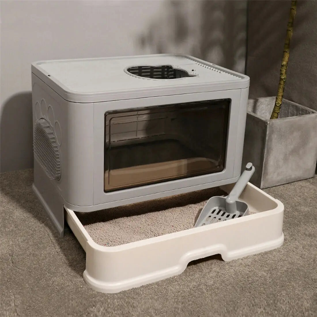 Foldable Cat Litter Box with Massager, Litter Scoop