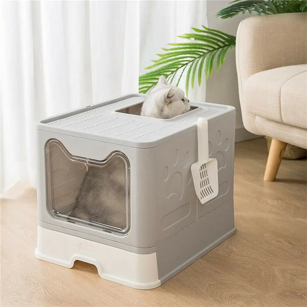 Front Entry Top Exit Cat Litter, Foldable Hooded Kitty Pet Toilet