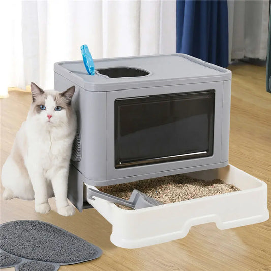 Foldable Cat Litter Box with Massager, Litter Scoop