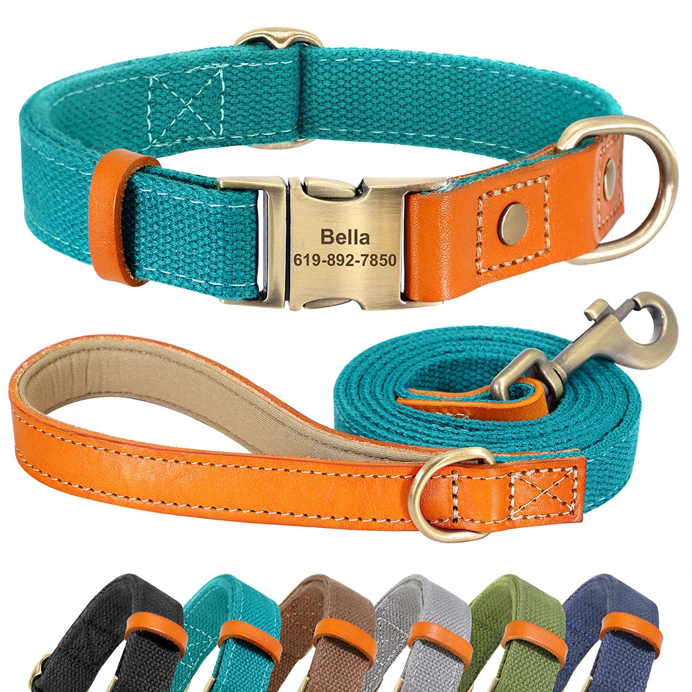 Nylon Custom Dog Puppy Collar Leash Set Genuine Leather